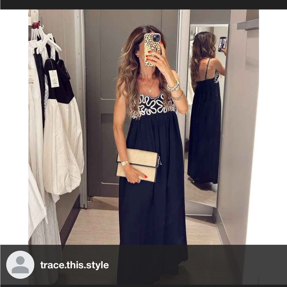 Embroidered Black & White A-Line Maxi Dress